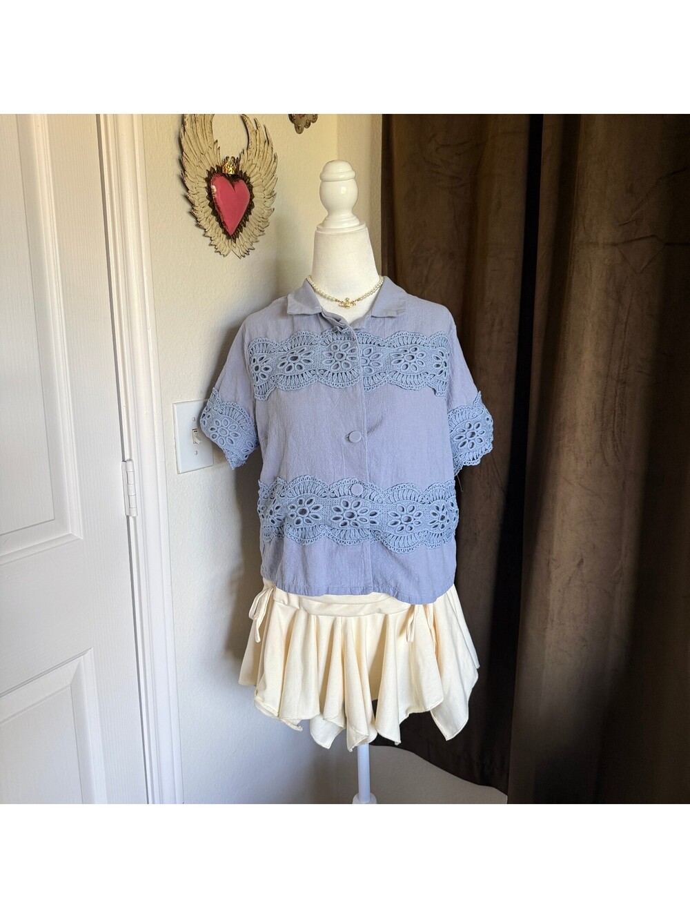 Velvet Fleur Sz XL Periwinkle Crochet Lace Trim Collared Blouse Cottagecore